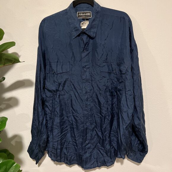 VTG Substudio Shirt Adult XL Blue 100% Silk‎ Button Up Long Sleeves Pockets NWT - Picture 2 of 16